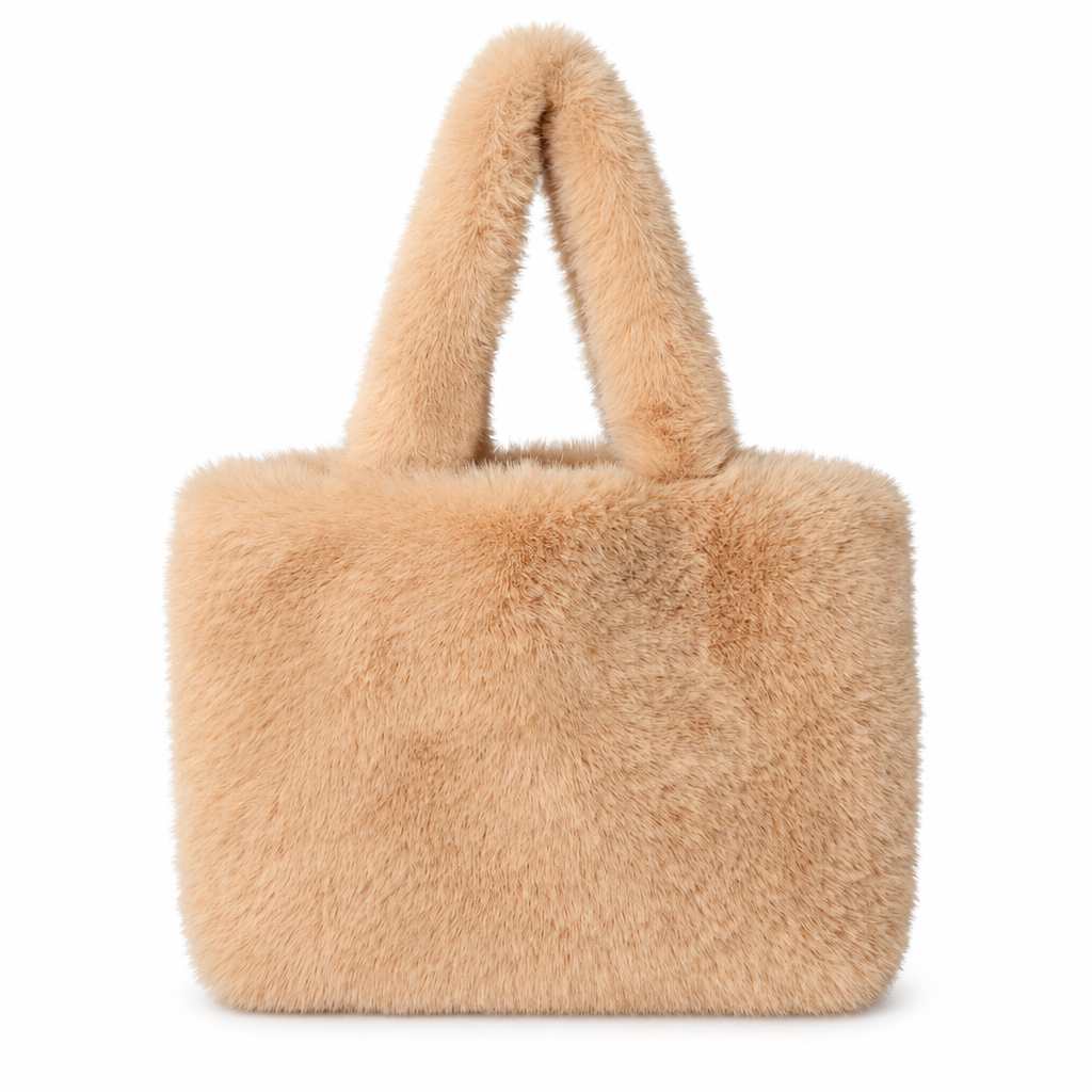 Beige fluffy tote on white background