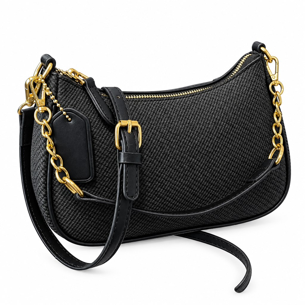 Black woven bag on white background