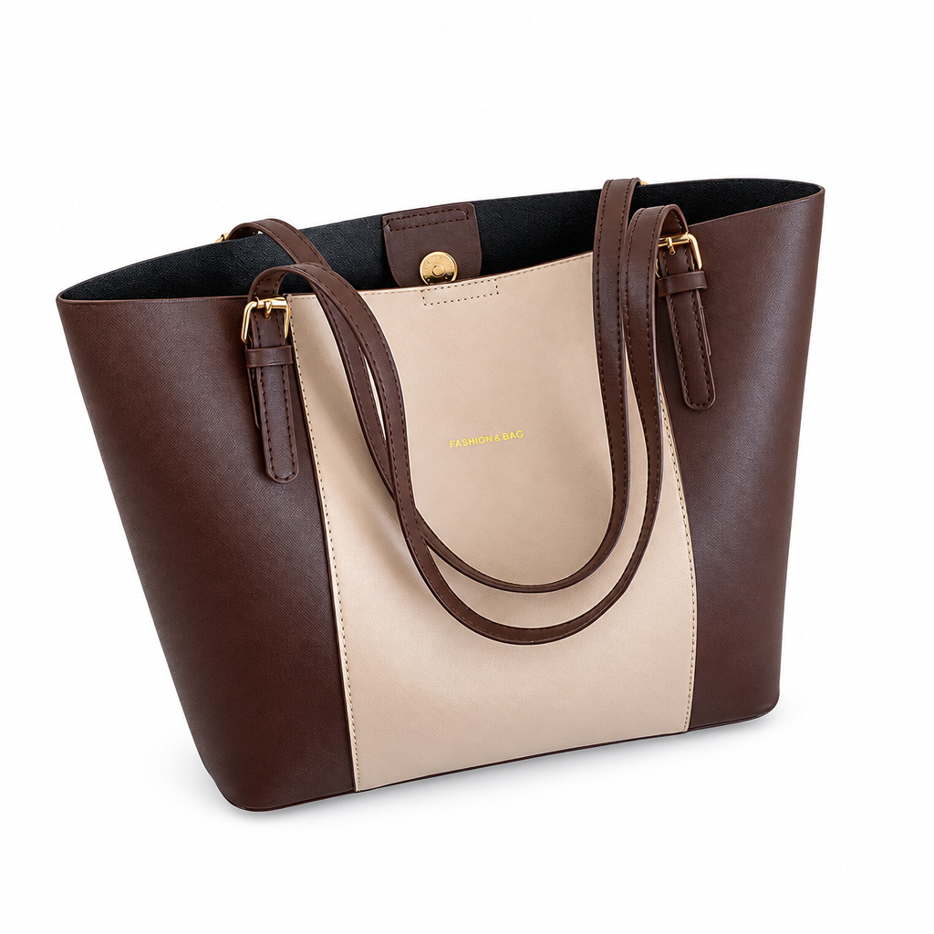 Brown and beige tote on white background