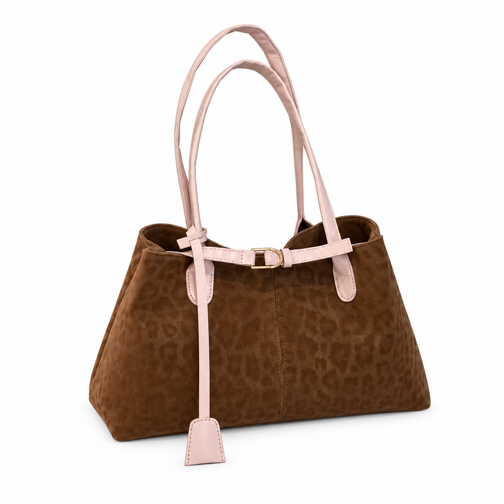 Brown bag with pink straps on white background