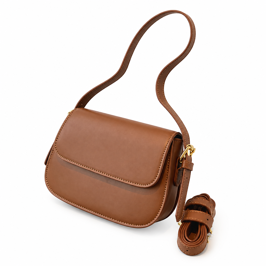 Brown shoulder bag on white background