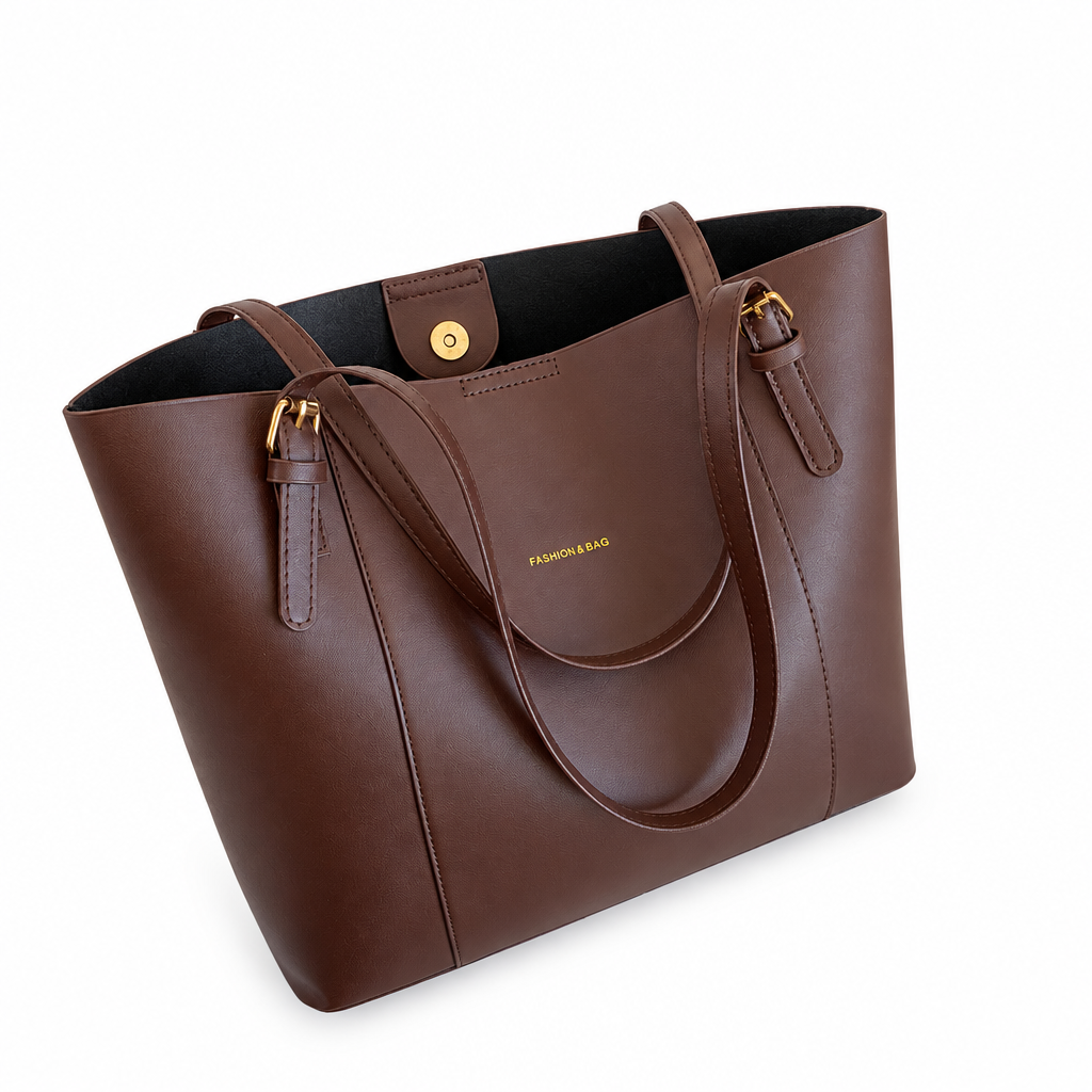 Brown tote on white background