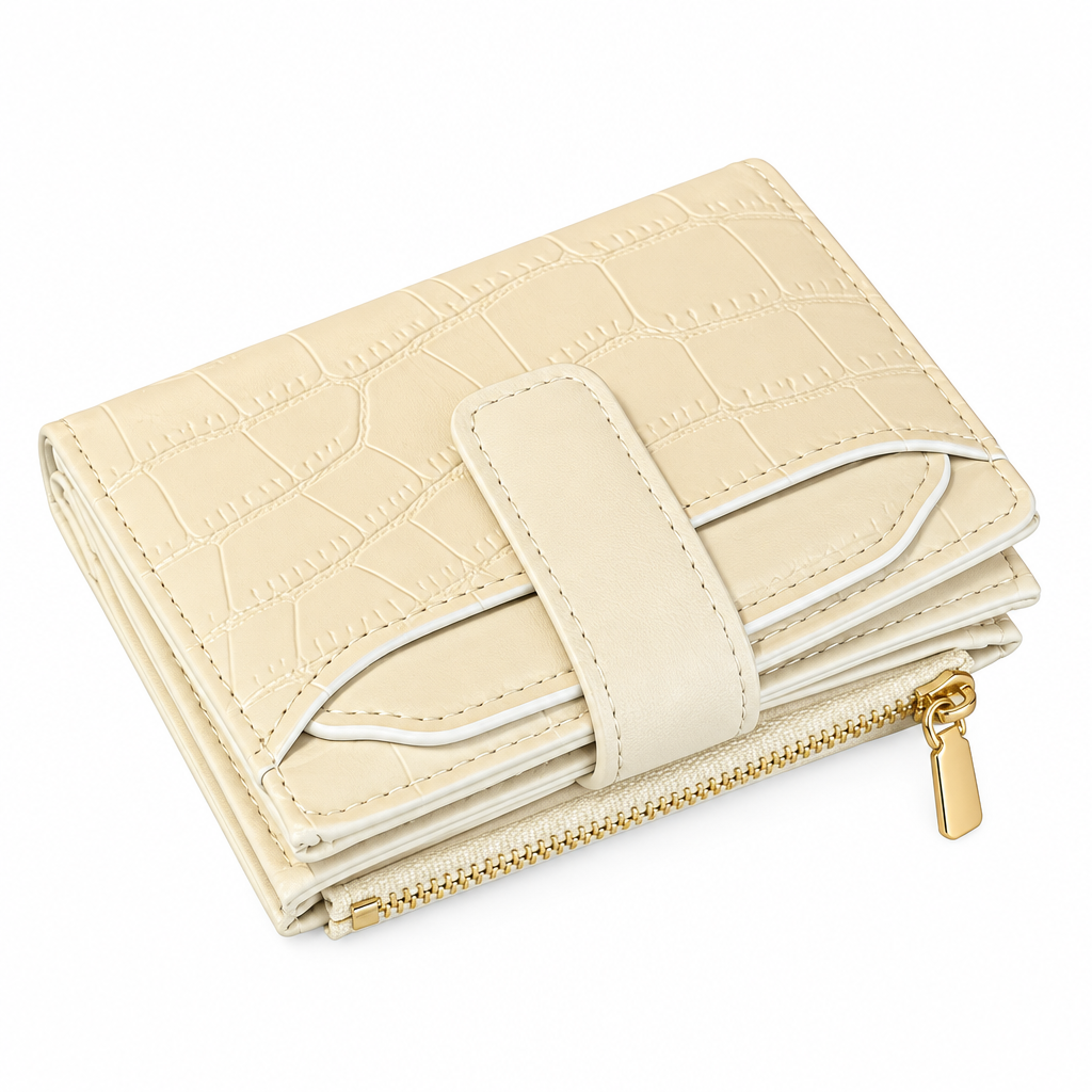 Closed cream wallet on white