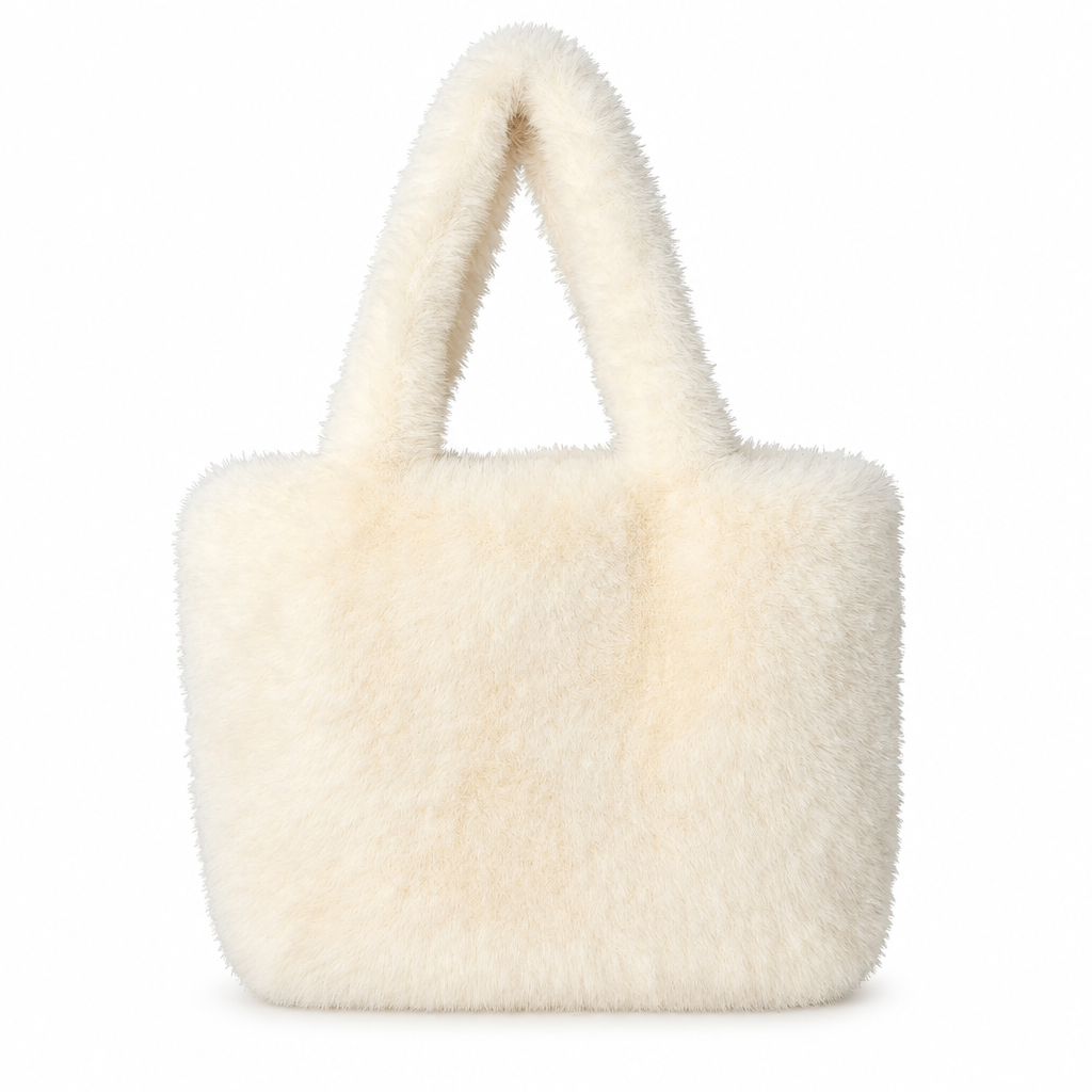 Cream fluffy tote on white background