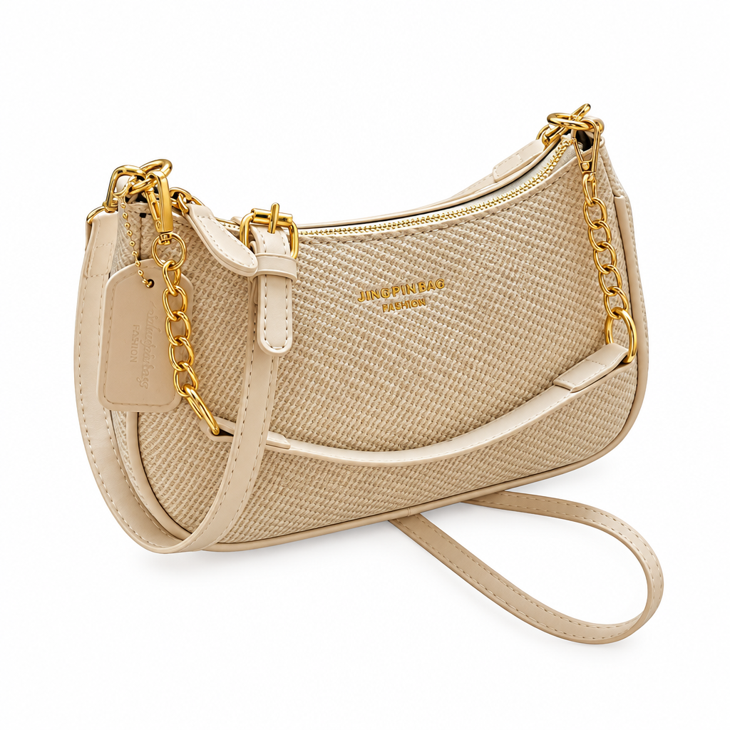 Cream woven bag on white background