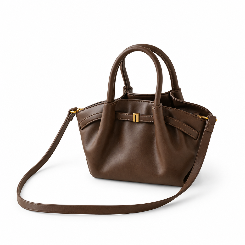 Dark brown handbag on white background