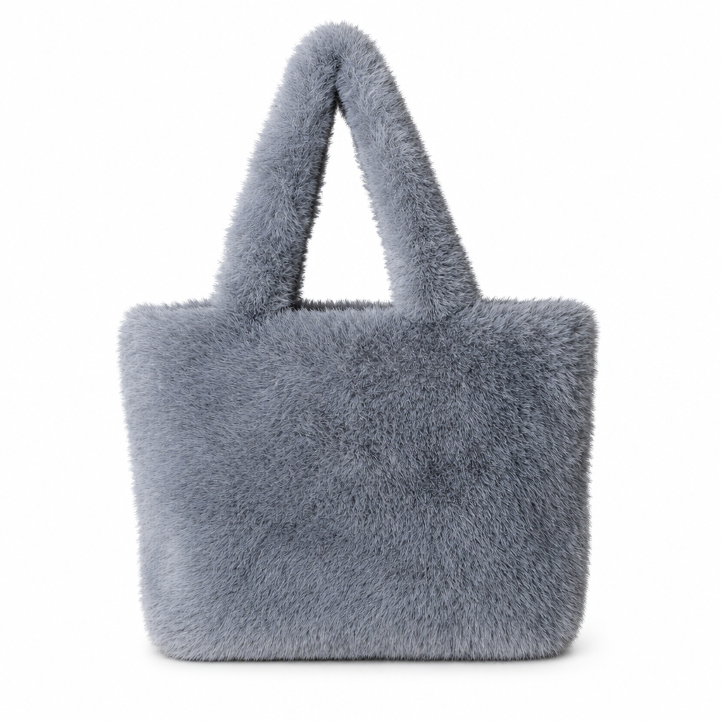 Grey fluffy tote on white background