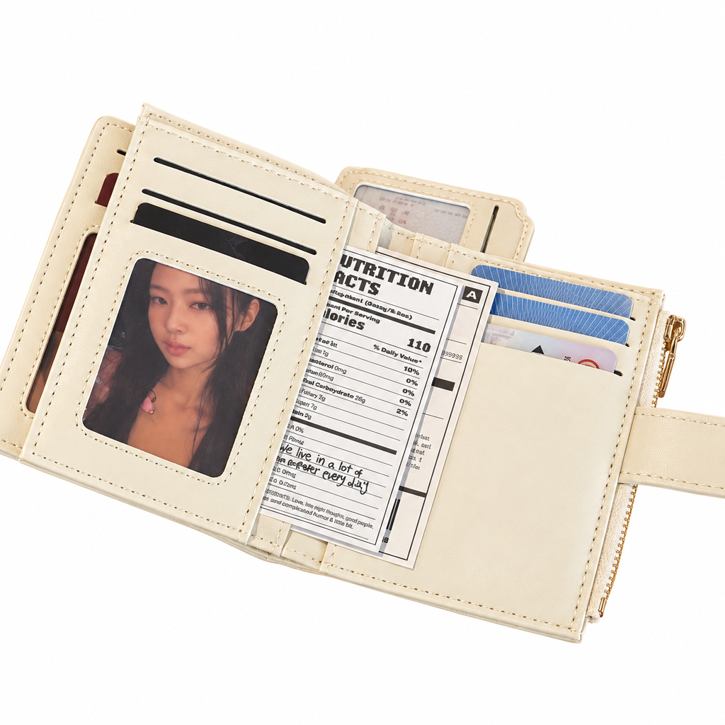 Open cream wallet on white