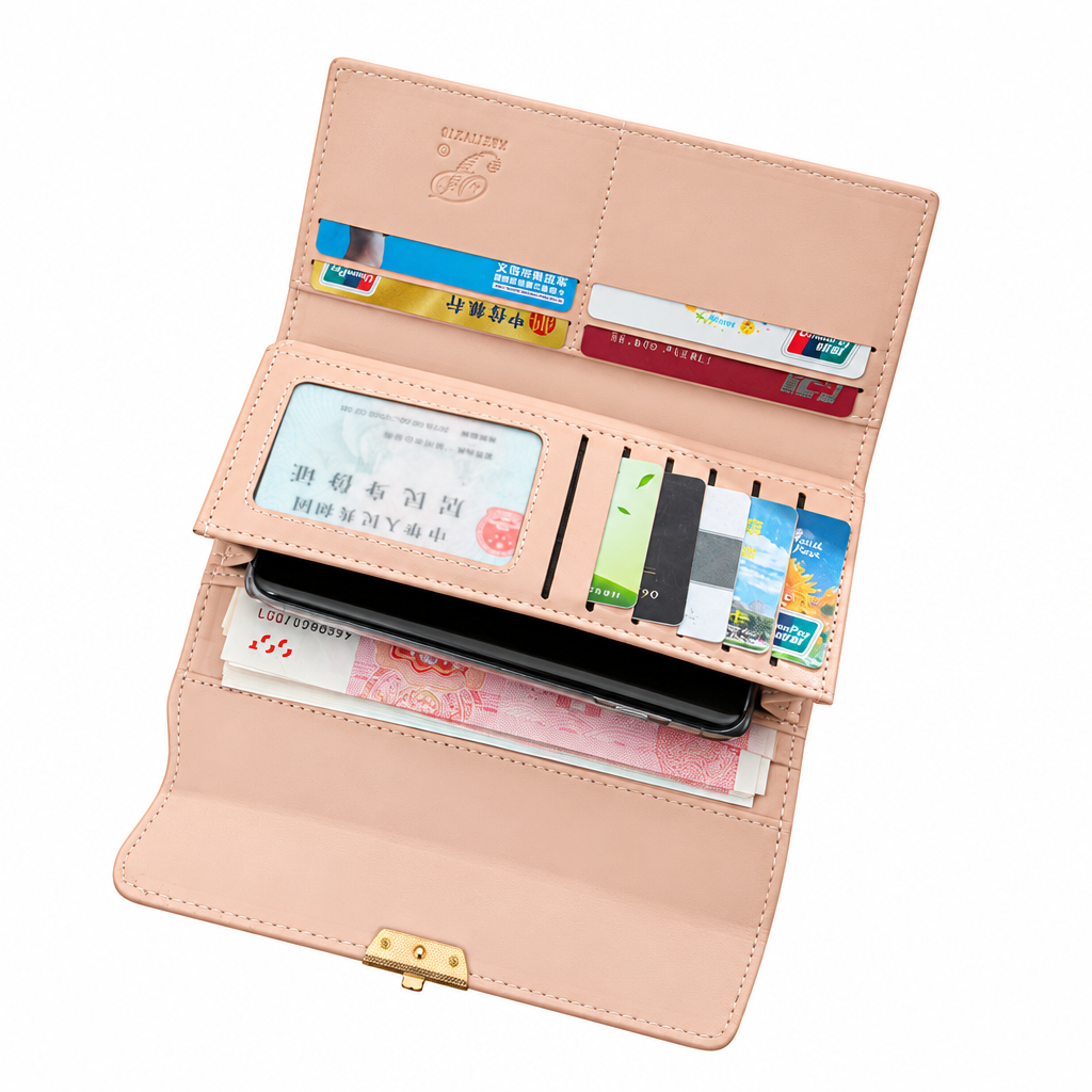 Open pink wallet on a white background