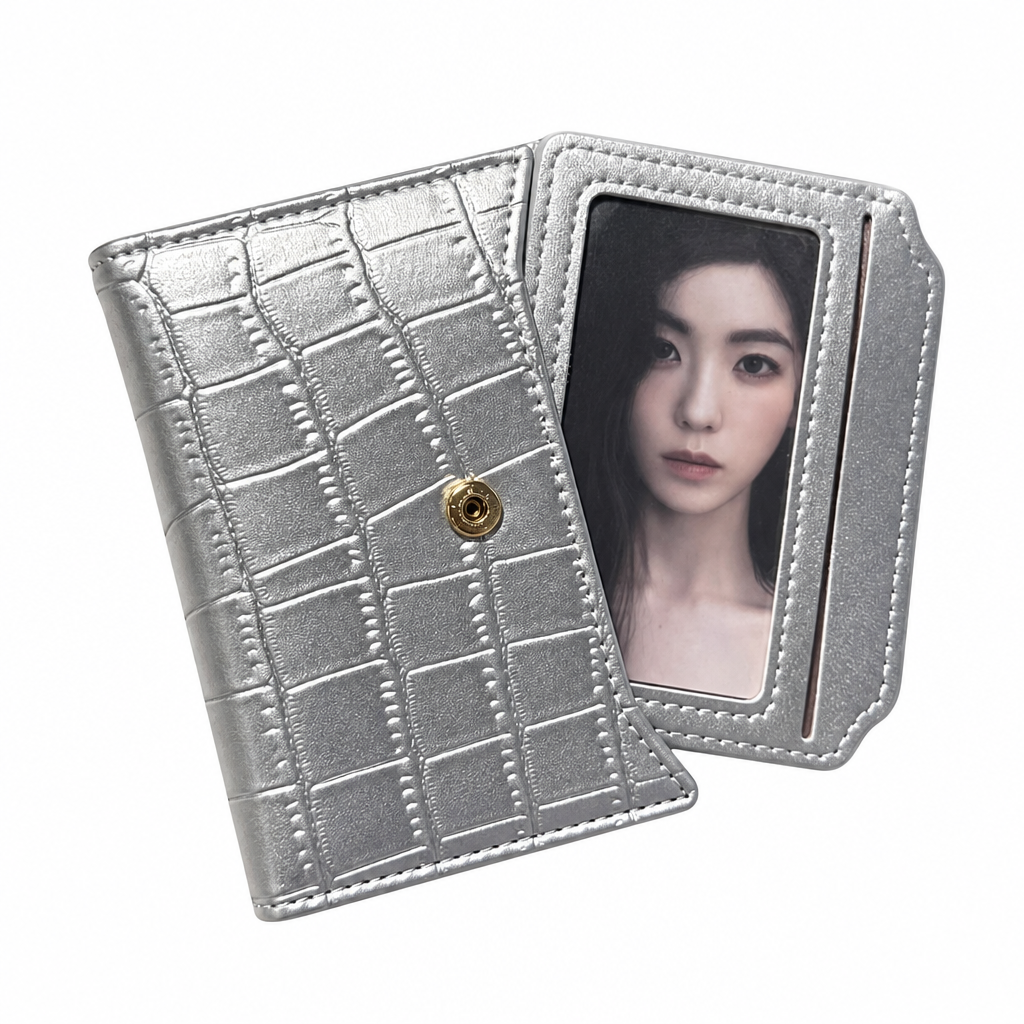 Open silver wallet on white