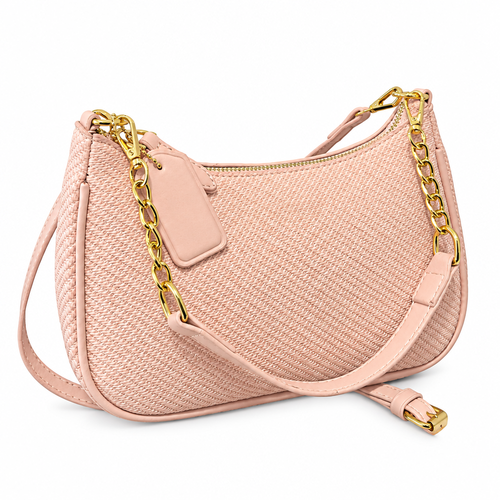 Pale pink woven bag on white background