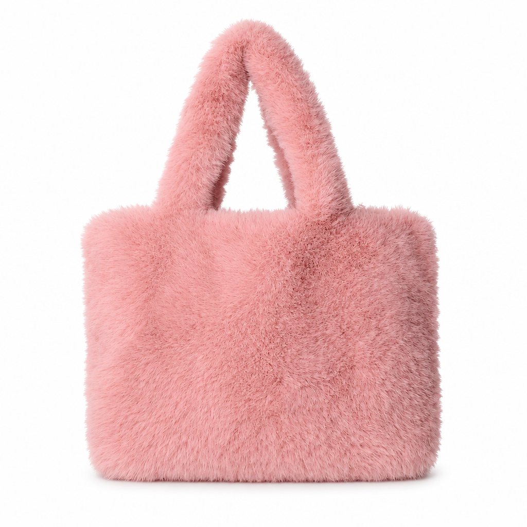 Pink fluffy tote on white background