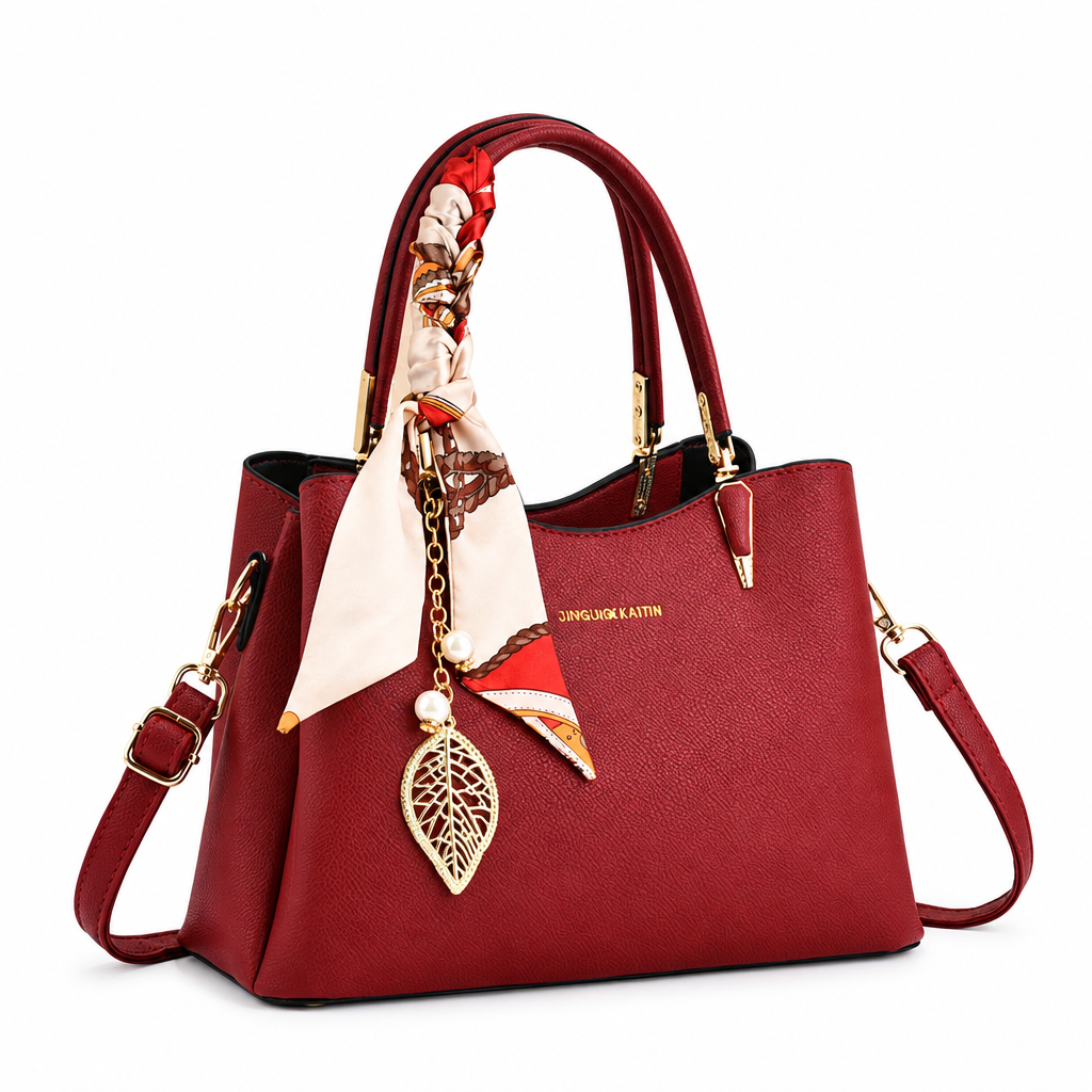 Red handbag with scarf and charm on white background