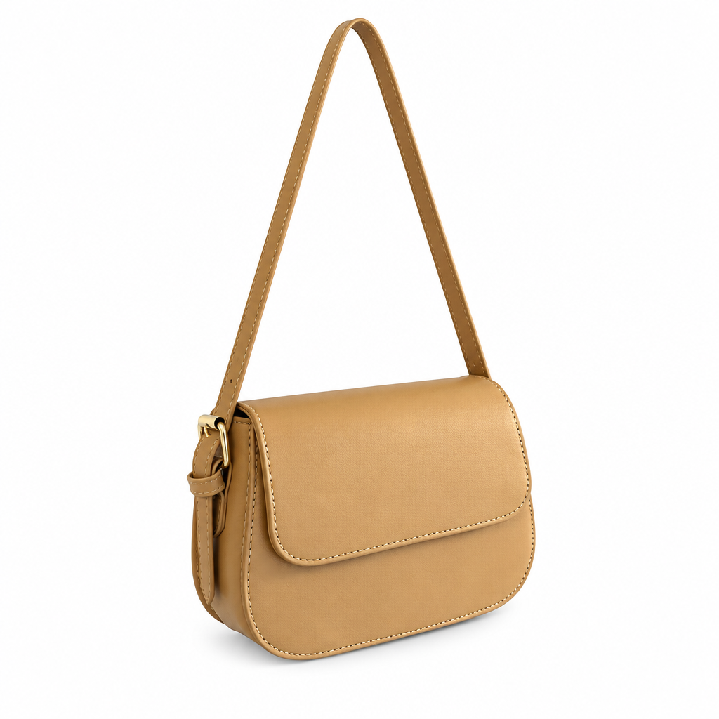 Tan shoulder bag on white background