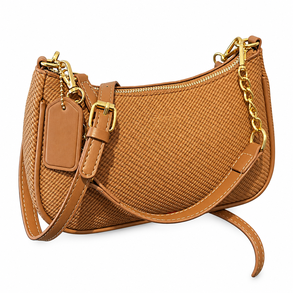 Tan woven bag on white background