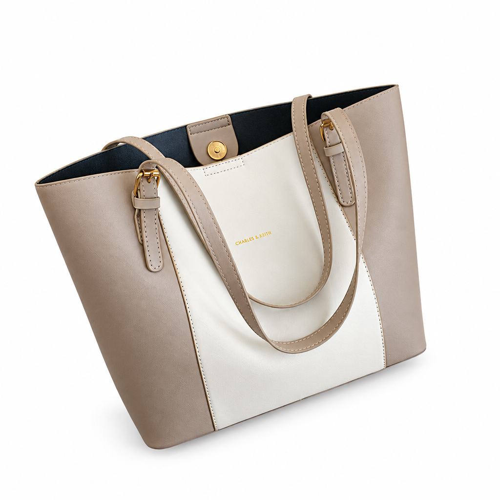 Taupe and cream tote on white background