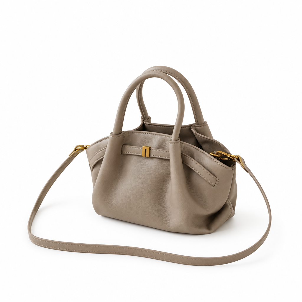 Taupe handbag on white background